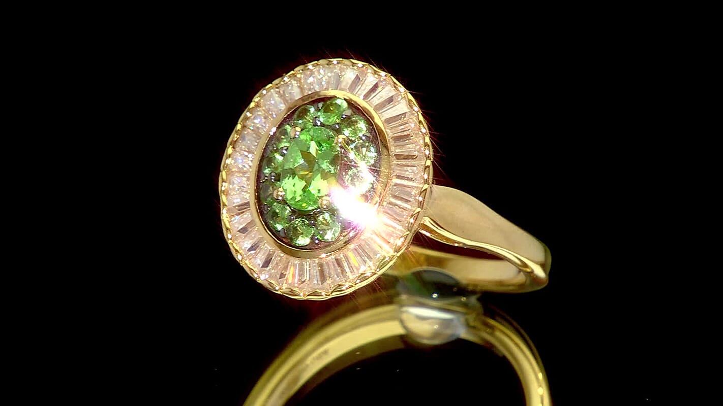 D'Joy Premium Tsavorite Garnet, Moissanite Crown Ray Ring in 18K Vermeil YG Over Sterling Silver (Size 10.0) 2.10 ctw