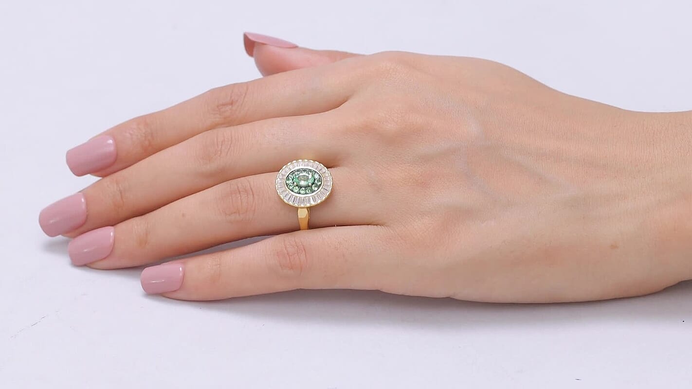 D'Joy Premium Tsavorite Garnet, Moissanite Crown Ray Ring in 18K Vermeil YG Over Sterling Silver (Size 10.0) 2.10 ctw