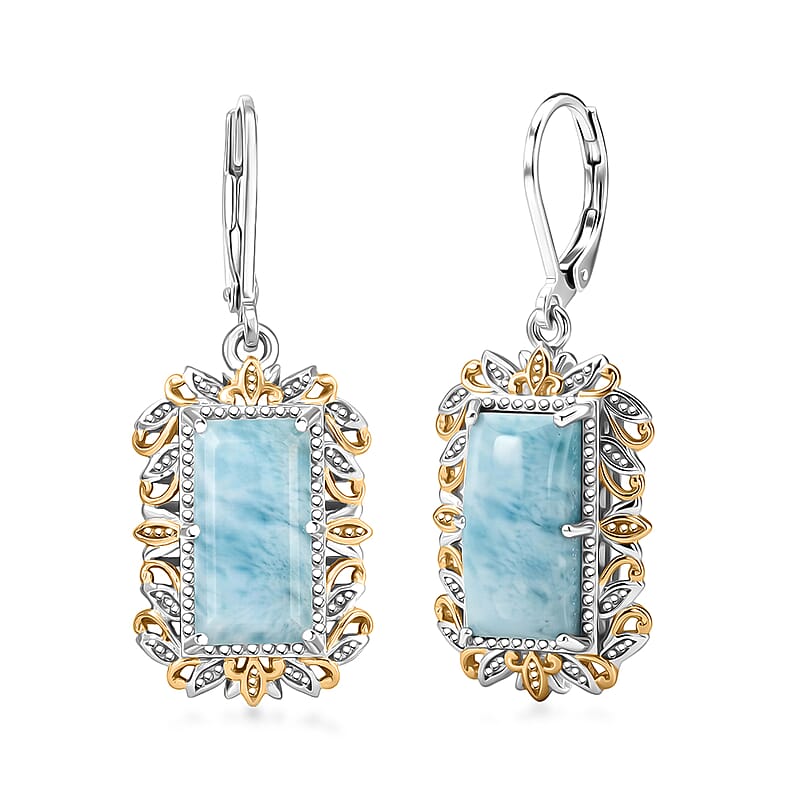 EverTrue Premium Larimar 9.65 ctw Whispering Leaf Filigree Earrings in 18K YG Plated and Platinum Bond (Ships in 10-12 Days)