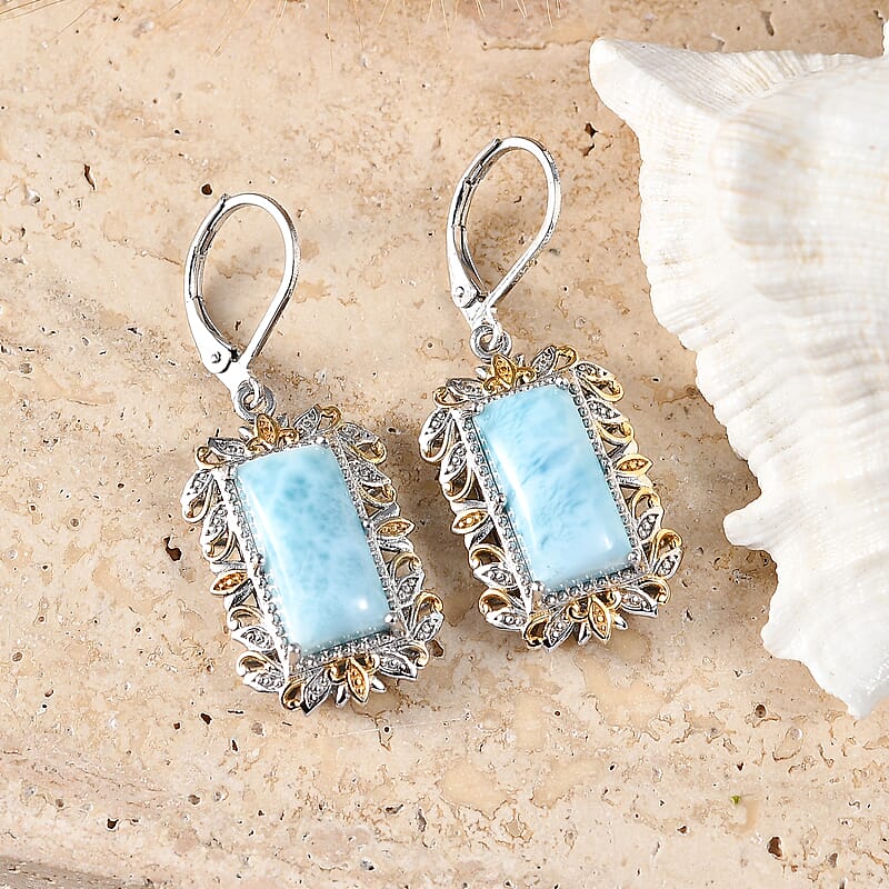 EverTrue Premium Larimar 9.65 ctw Whispering Leaf Filigree Earrings in 18K YG Plated and Platinum Bond (Ships in 10-12 Days)