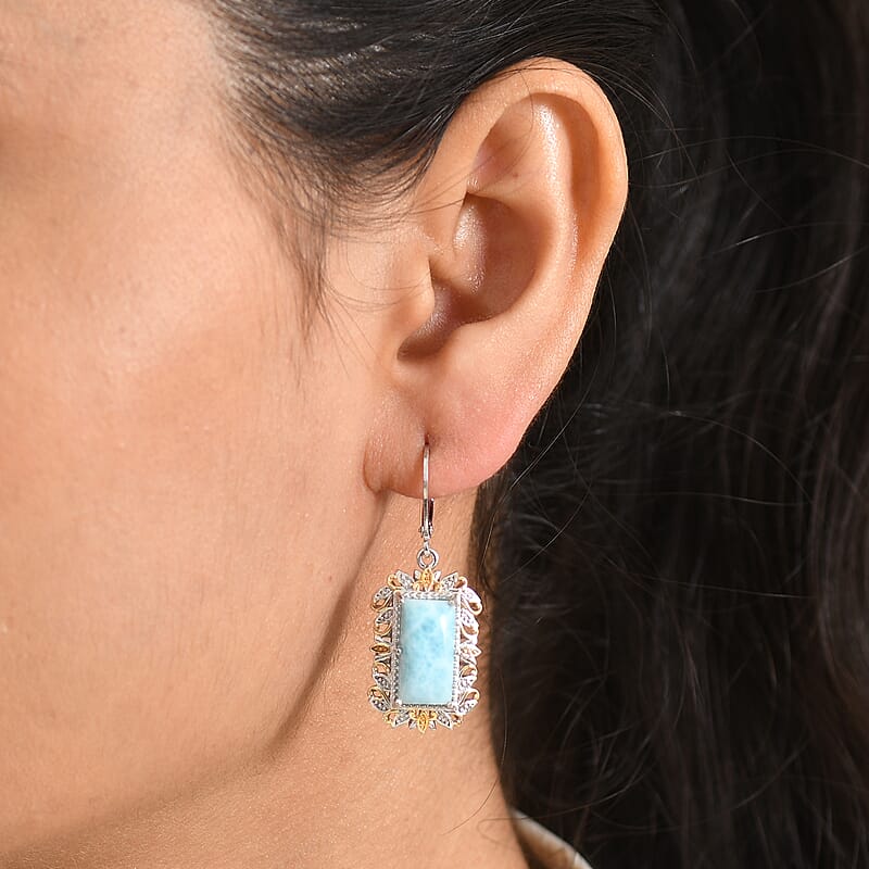 EverTrue Premium Larimar 9.65 ctw Whispering Leaf Filigree Earrings in 18K YG Plated and Platinum Bond (Ships in 10-12 Days)