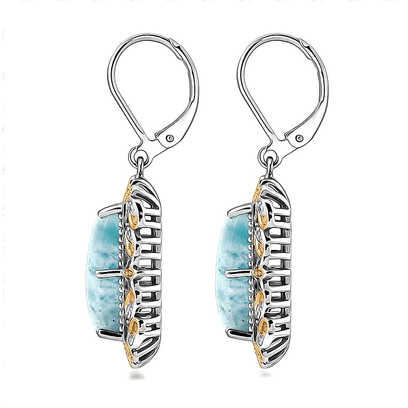 EverTrue Premium Larimar 9.65 ctw Whispering Leaf Filigree Earrings in 18K YG Plated and Platinum Bond (Ships in 10-12 Days)