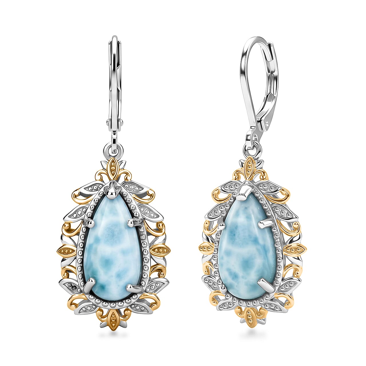 EverTrue Premium Larimar 7.00 ctw Whispering Leaf Filigree Earrings in 18K YG Plated and Platinum Bond (Ships in 10-12 Days)