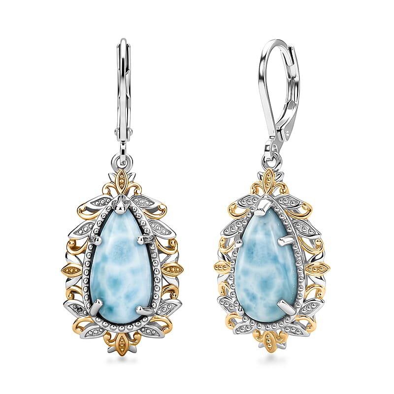 EverTrue Premium Larimar 7.00 ctw Whispering Leaf Filigree Earrings in 18K YG Plated and Platinum Bond