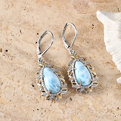 EverTrue Premium Larimar 7.00 ctw Whispering Leaf Filigree Earrings in 18K YG Plated and Platinum Bond