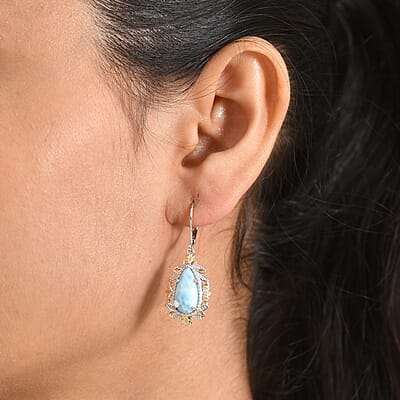EverTrue Premium Larimar 7.00 ctw Whispering Leaf Filigree Earrings in 18K YG Plated and Platinum Bond