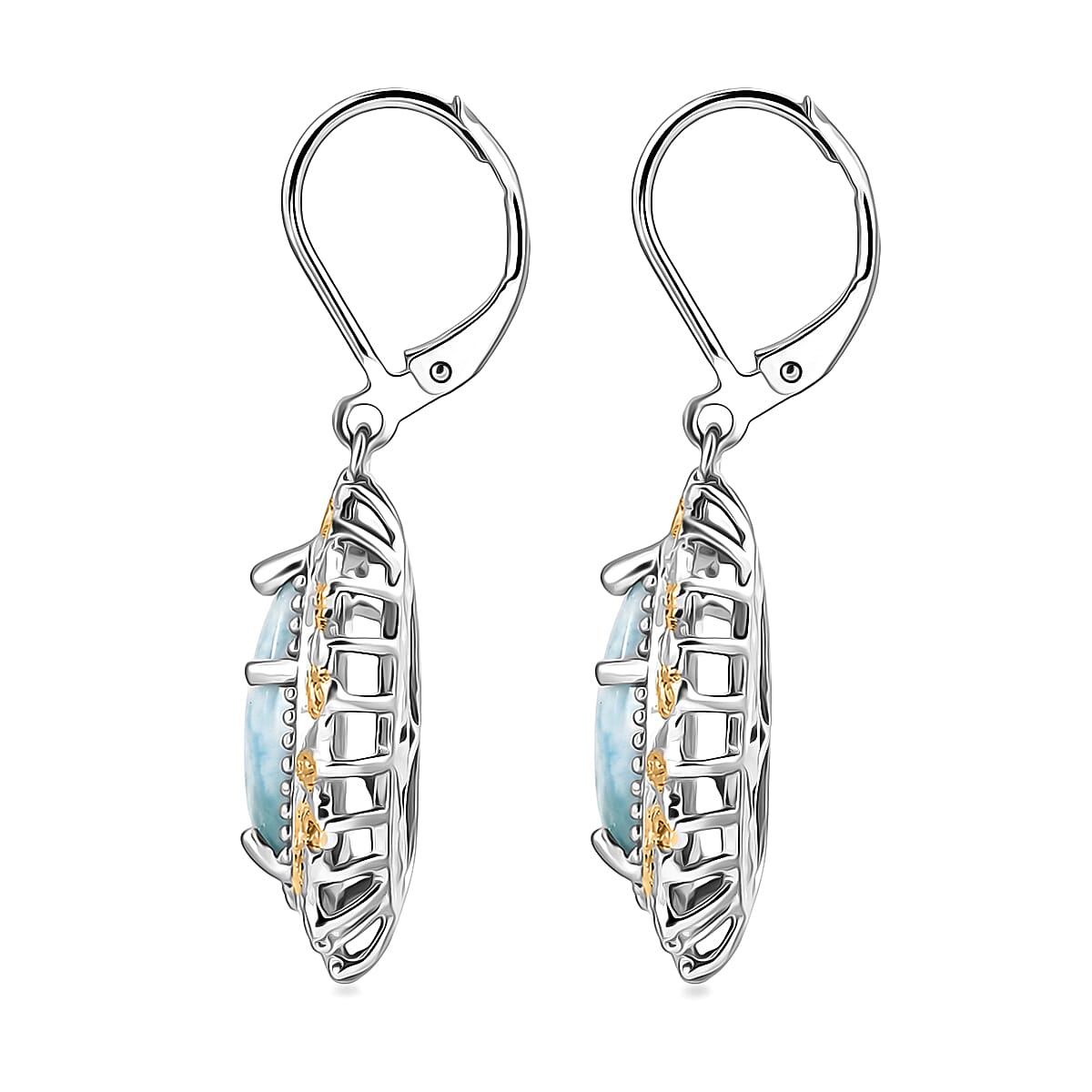 EverTrue Premium Larimar 7.00 ctw Whispering Leaf Filigree Earrings in 18K YG Plated and Platinum Bond (Ships in 10-12 Days)