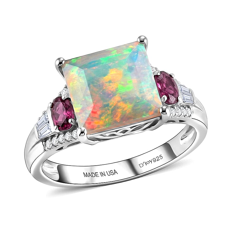 D'Joy Princess Cut AAA Ethiopian Welo Opal and Multi Gemstone 5.80 ctw Aurora Flame Ring in Rhodium Over Sterling Silver (Size 10.0)