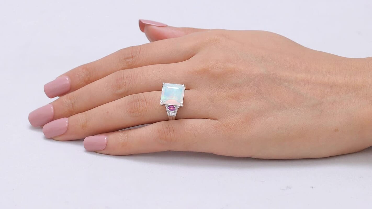 D'Joy Princess Cut AAA Ethiopian Welo Opal, Multi Gemstone Aurora Flame Ring in Rhodium Over Sterling Silver (Size 10.0) 5.80 ctw;