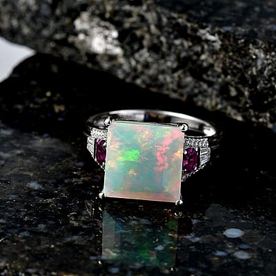 D'Joy Princess Cut AAA Ethiopian Welo Opal and Multi Gemstone 5.80 ctw Aurora Flame Ring in Rhodium Over Sterling Silver (Size 6.0)