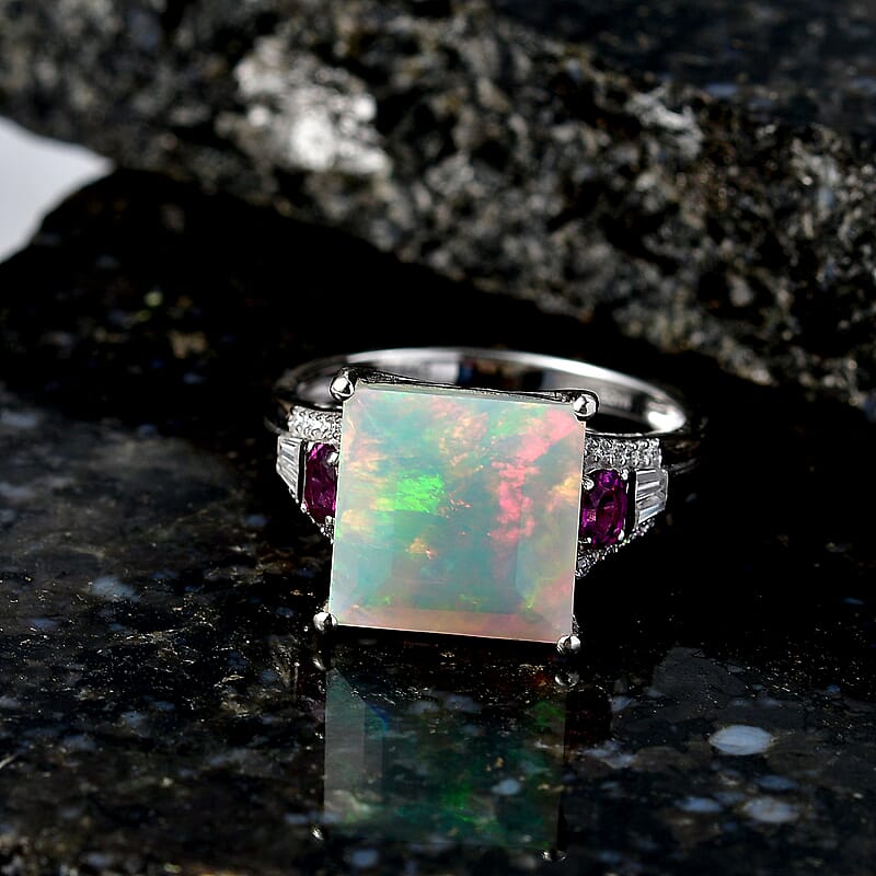 D'Joy Princess Cut AAA Ethiopian Welo Opal and Multi Gemstone 5.80 ctw Aurora Flame Ring in Rhodium Over Sterling Silver (Size 6.0)