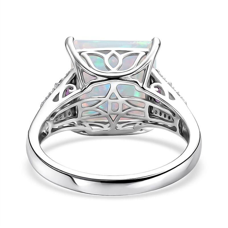 D'Joy Princess Cut AAA Ethiopian Welo Opal and Multi Gemstone 5.80 ctw Aurora Flame Ring in Rhodium Over Sterling Silver (Size 6.0)