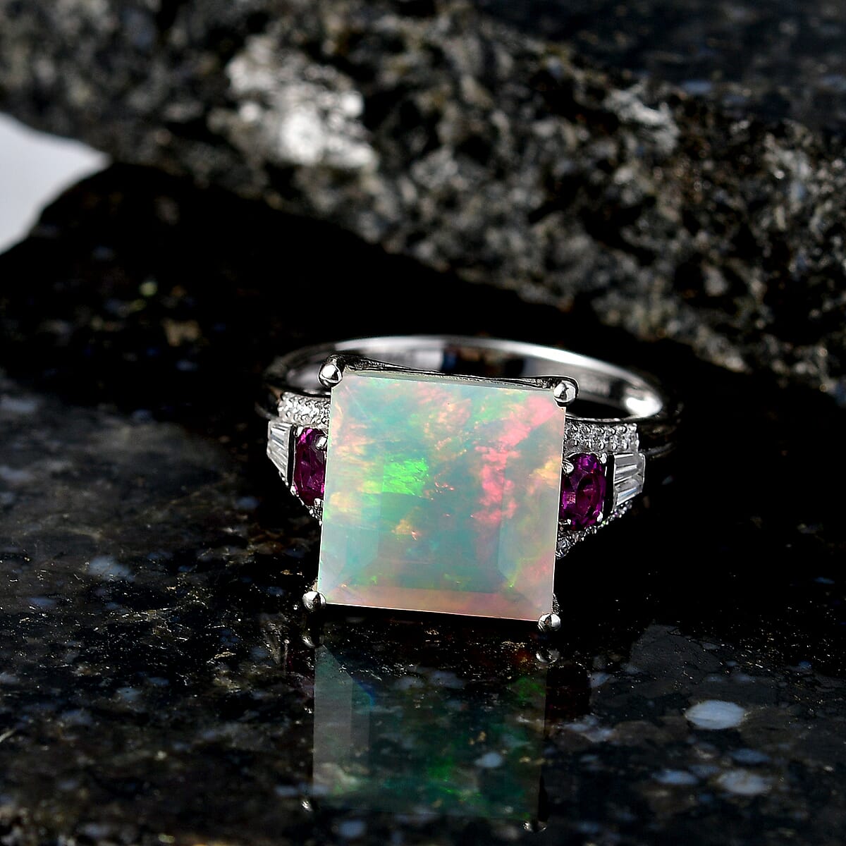 D'Joy Princess Cut AAA Ethiopian Welo Opal and Multi Gemstone 5.80 ctw Aurora Flame Ring in Rhodium Over Sterling Silver (Size 7.0) image number 1