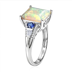 D'Joy Princess Cut AAA Ethiopian Welo Opal and Multi Gemstone 5.60 ctw Aurora Flame Ring in Rhodium Over Sterling Silver (Size 8.0)