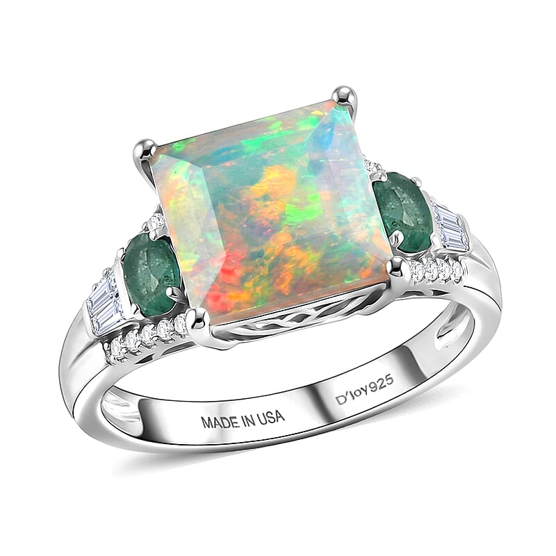 D'Joy Princess Cut AAA Ethiopian Welo Opal and Multi Gemstone 5.35 ctw Aurora Flame Ring in Rhodium Over Sterling Silver (Size 10.0)