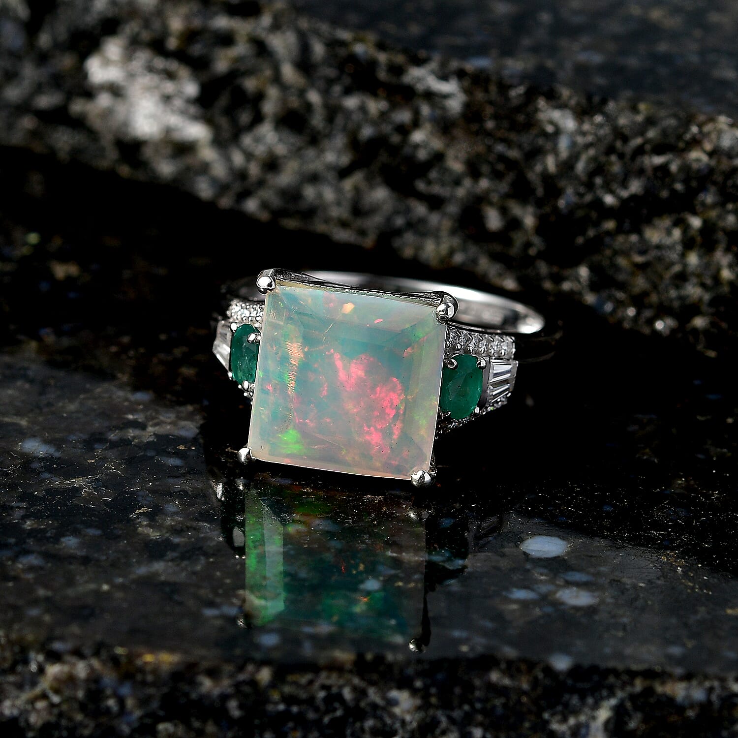D'Joy Princess Cut AAA Ethiopian Welo Opal and Multi Gemstone 5.35 ctw Aurora Flame Ring in Rhodium Over Sterling Silver (Size 10.0)