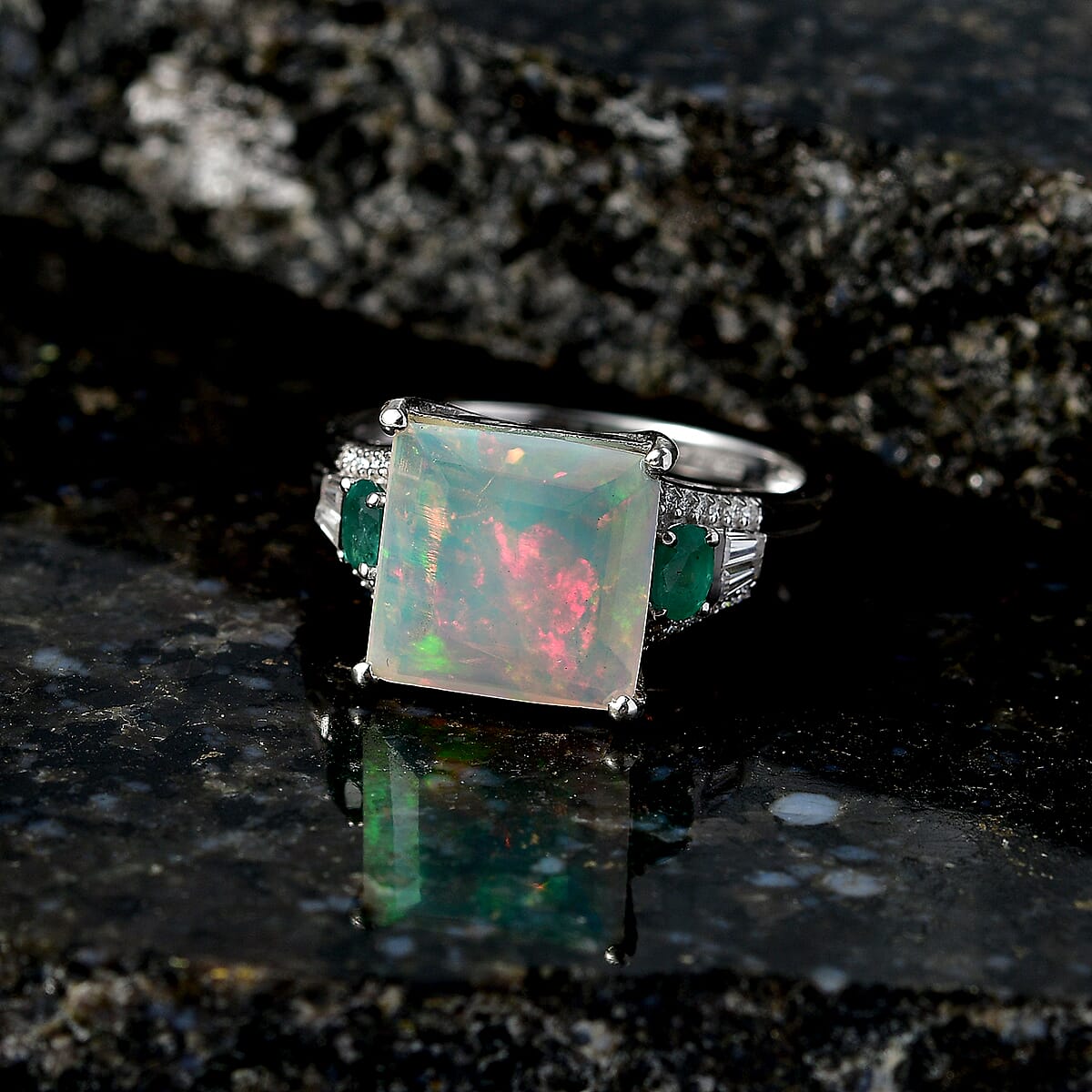 D'Joy Princess Cut AAA Ethiopian Welo Opal and Multi Gemstone 5.35 ctw Aurora Flame Ring in Rhodium Over Sterling Silver (Size 7.0) image number 1