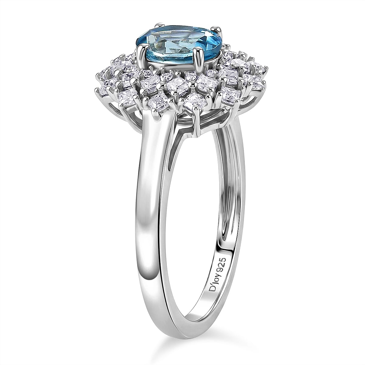 D'Joy Premium Cambodian Blue Zircon and Moissanite 1.80 ctw Azure Sunflare Ring in Rhodium Over Sterling Silver (Size  10.0) image number 3