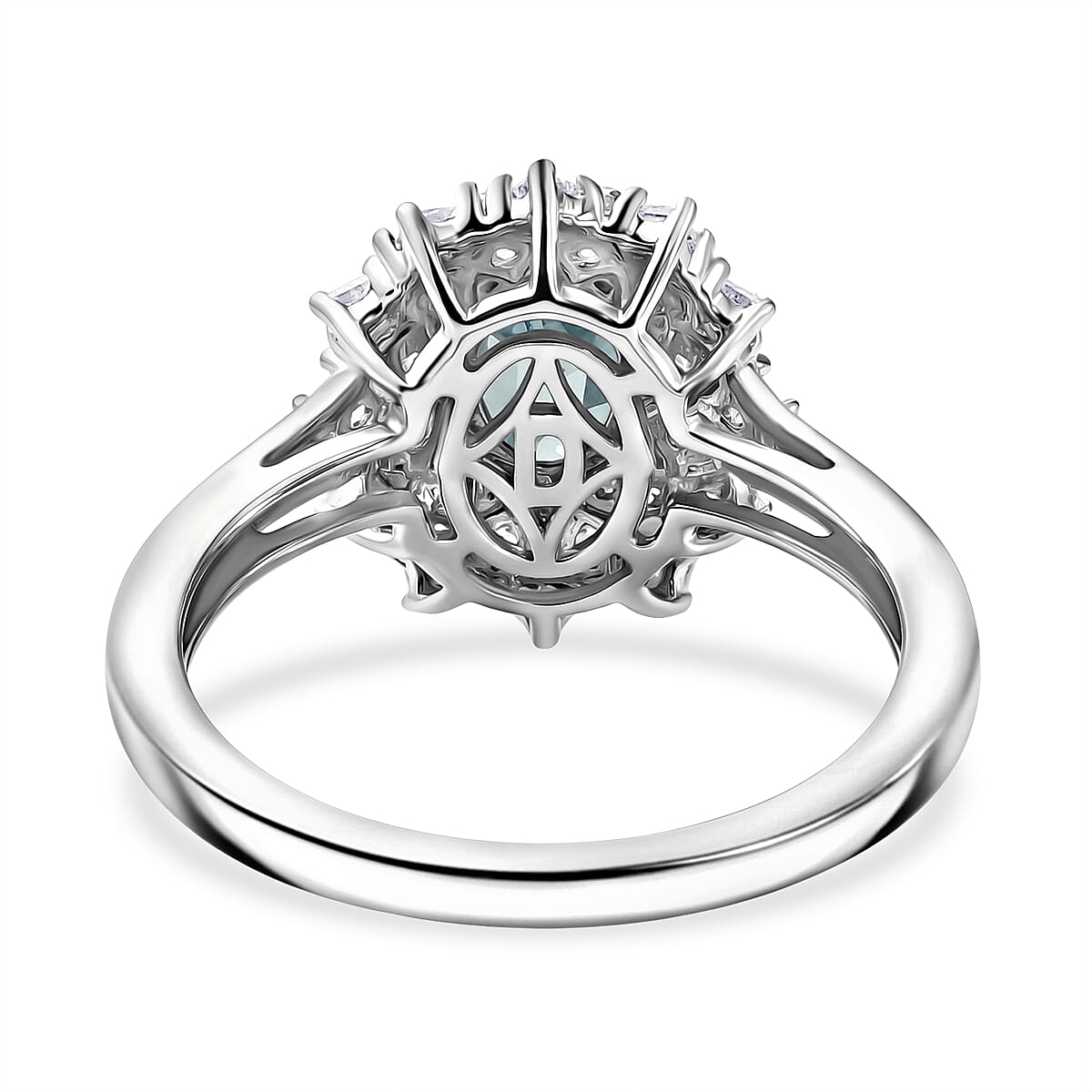 D'Joy Premium Cambodian Blue Zircon and Moissanite 1.80 ctw Azure Sunflare Ring in Rhodium Over Sterling Silver (Size  10.0) image number 4
