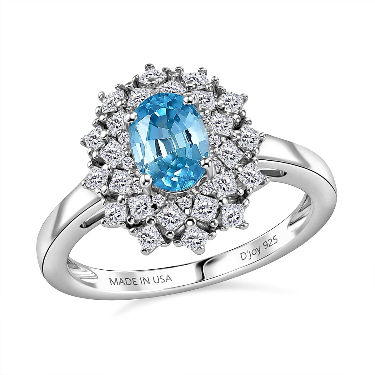 D'Joy Premium Cambodian Blue Zircon, Moissanite Azure Sunflare Ring in Rhodium Over Sterling Silver (Size 10.0) 1.80 ctw