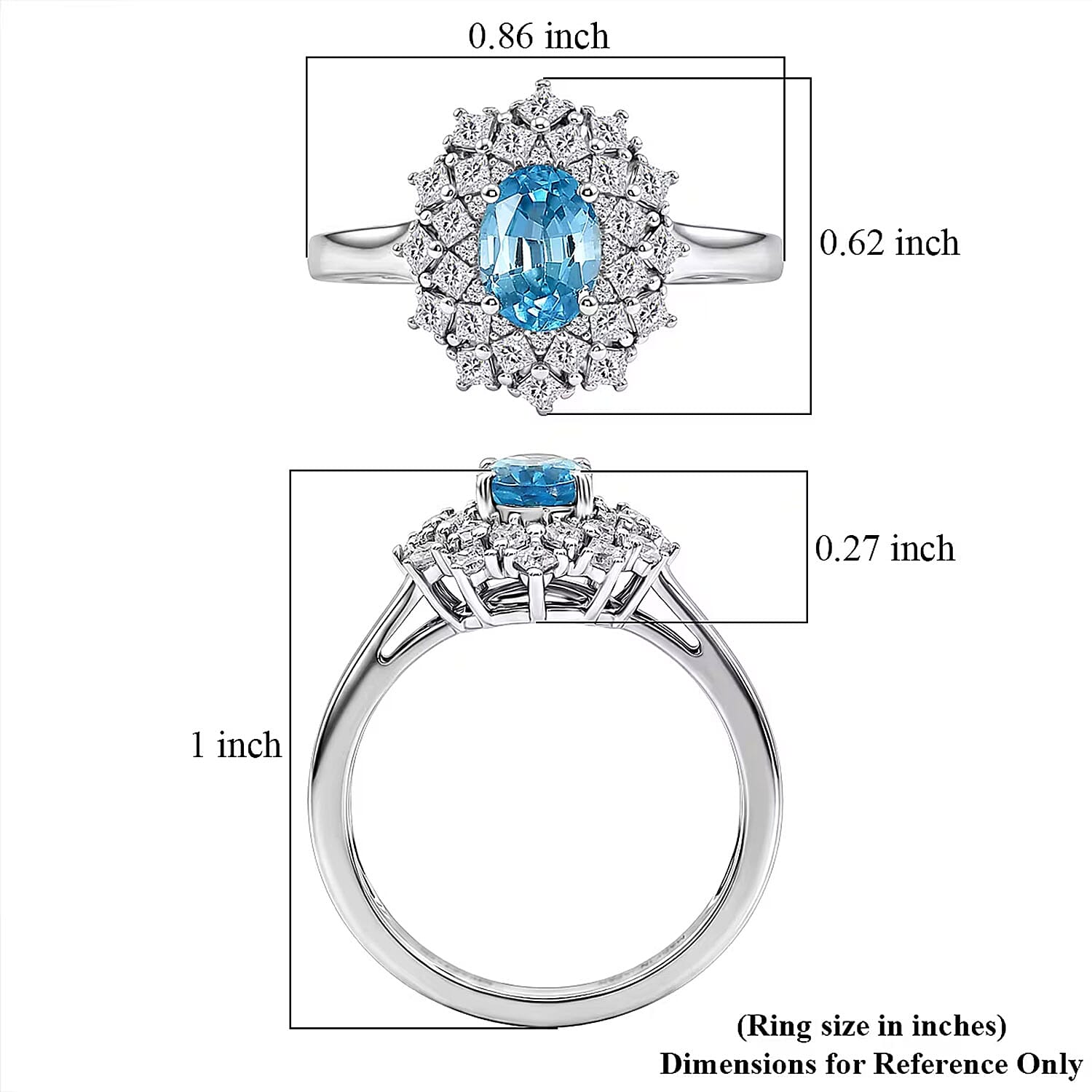 D'Joy Premium Cambodian Blue Zircon and Moissanite 1.80 ctw Azure Sunflare Ring in Rhodium Over Sterling Silver (Size  5.0)