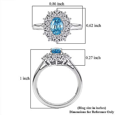 D'Joy Premium Cambodian Blue Zircon and Moissanite 1.80 ctw Azure Sunflare Ring in Rhodium Over Sterling Silver (Size  5.0)