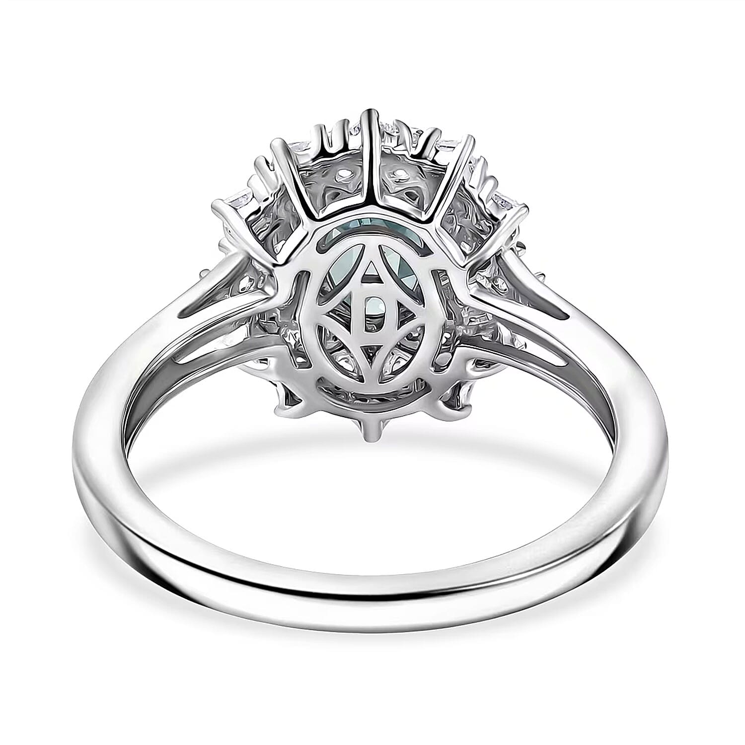 D'Joy Premium Cambodian Blue Zircon and Moissanite 1.80 ctw Azure Sunflare Ring in Rhodium Over Sterling Silver (Size  5.0)
