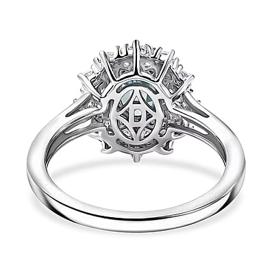 D'Joy Premium Cambodian Blue Zircon and Moissanite 1.80 ctw Azure Sunflare Ring in Rhodium Over Sterling Silver (Size  5.0)
