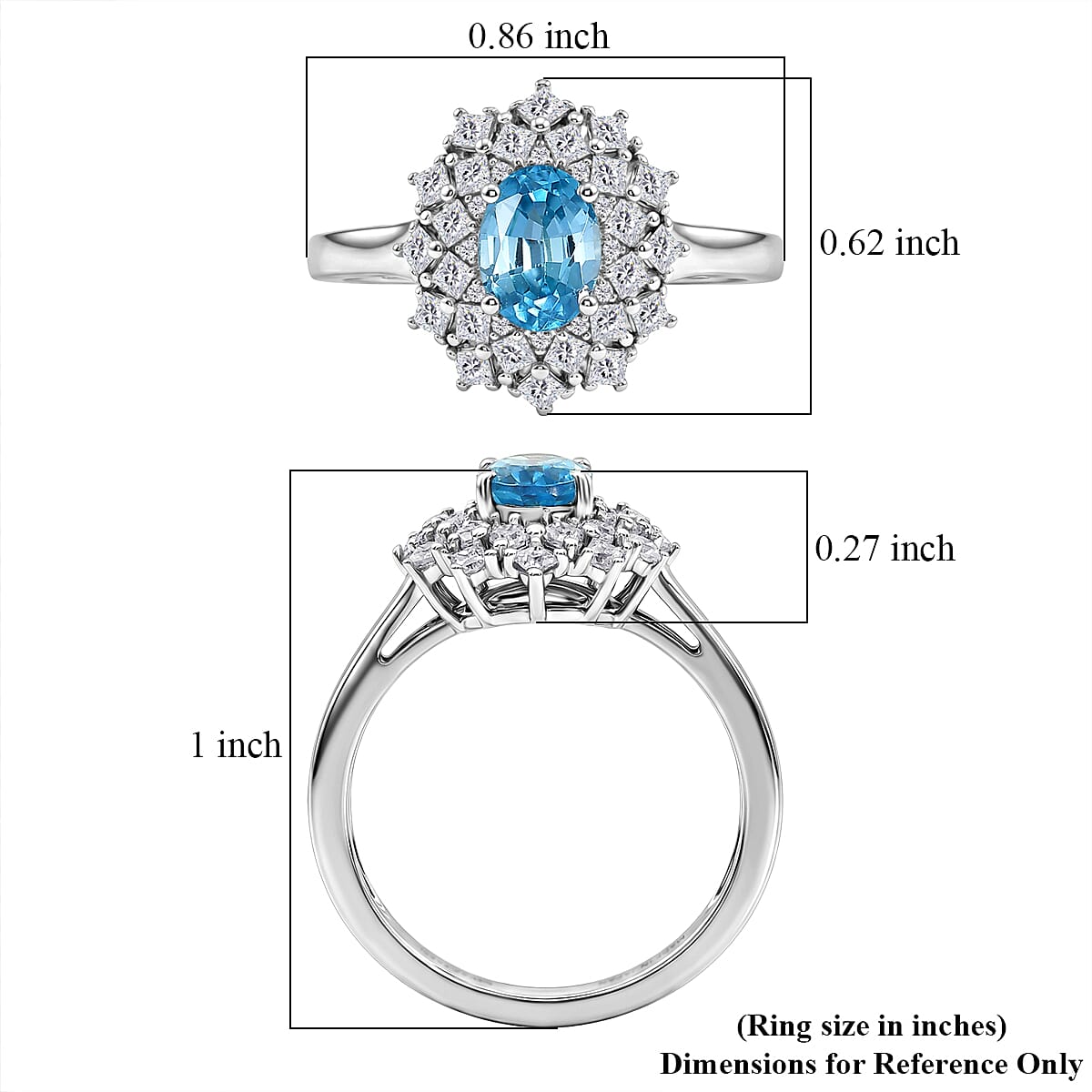 D'Joy Premium Cambodian Blue Zircon and Moissanite 1.80 ctw Azure Sunflare Ring in Rhodium Over Sterling Silver (Size  6.0) image number 5