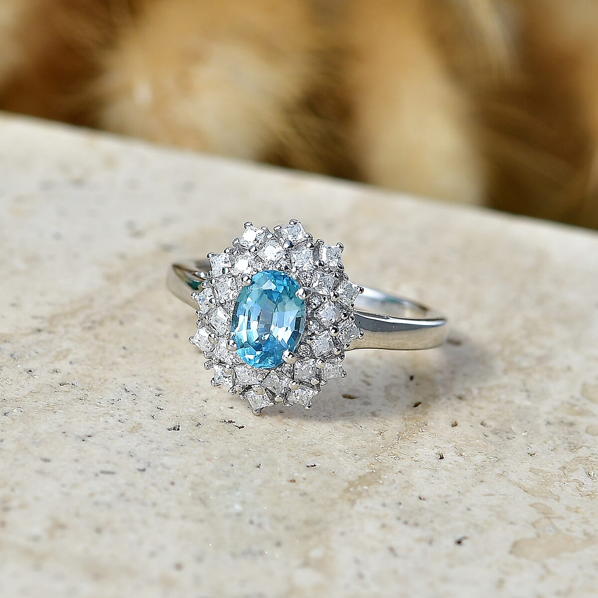 D'Joy Premium Cambodian Blue Zircon and Moissanite 1.80 ctw Azure Sunflare Ring in Rhodium Over Sterling Silver (Size  7.0) image number 1
