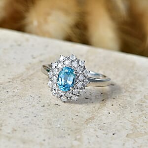 D'Joy Premium Cambodian Blue Zircon and Moissanite 1.80 ctw Azure Sunflare Ring in Rhodium Over Sterling Silver (Size  7.0)