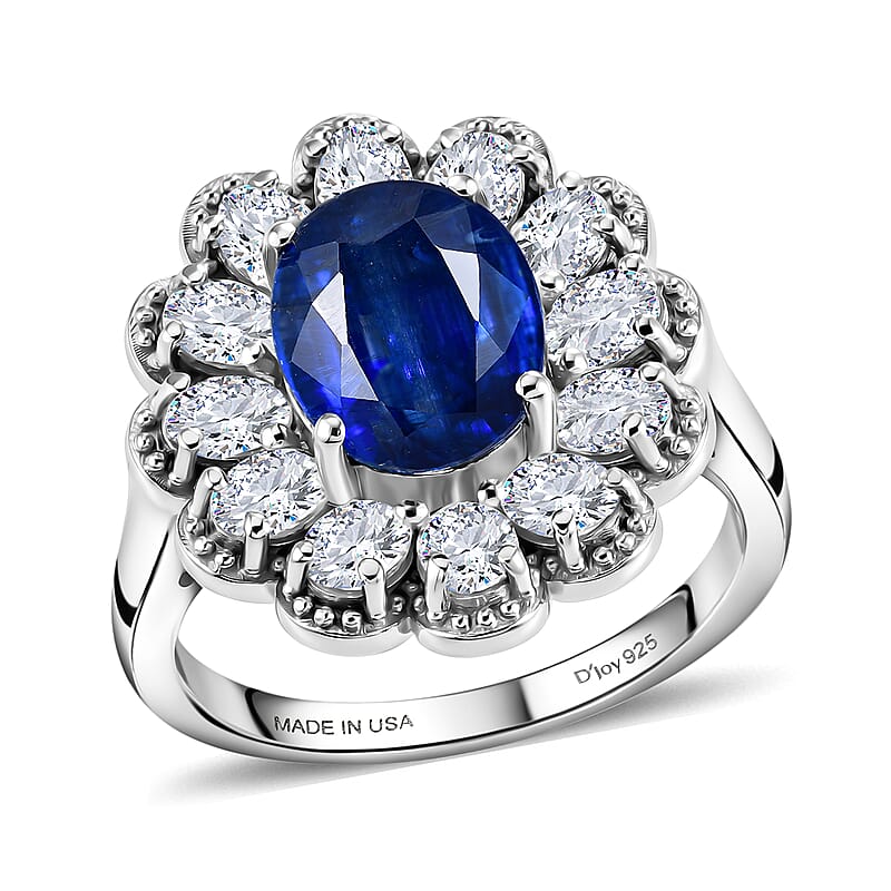 D'Joy Premium Kashmir Kyanite and Moissanite 5.50 ctw Majestic Bloom Ring in Rhodium Over Sterling Silver (Size 6.0)