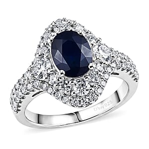 D'Joy Premium Kanchanaburi Blue Sapphire and Moissanite 2.70 ctw Ring in Rhodium Over Sterling Silver (Size  10.0)
