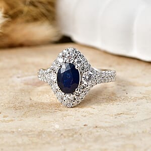 D'Joy Premium Kanchanaburi Blue Sapphire and Moissanite 2.70 ctw Ring in Rhodium Over Sterling Silver (Size  10.0)