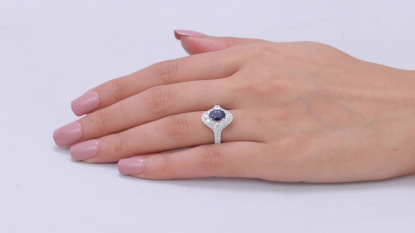 D'Joy Premium Kanchanaburi Blue Sapphire, Moissanite Ring in Rhodium Over Sterling Silver (Size 10.0) 2.70 ctw