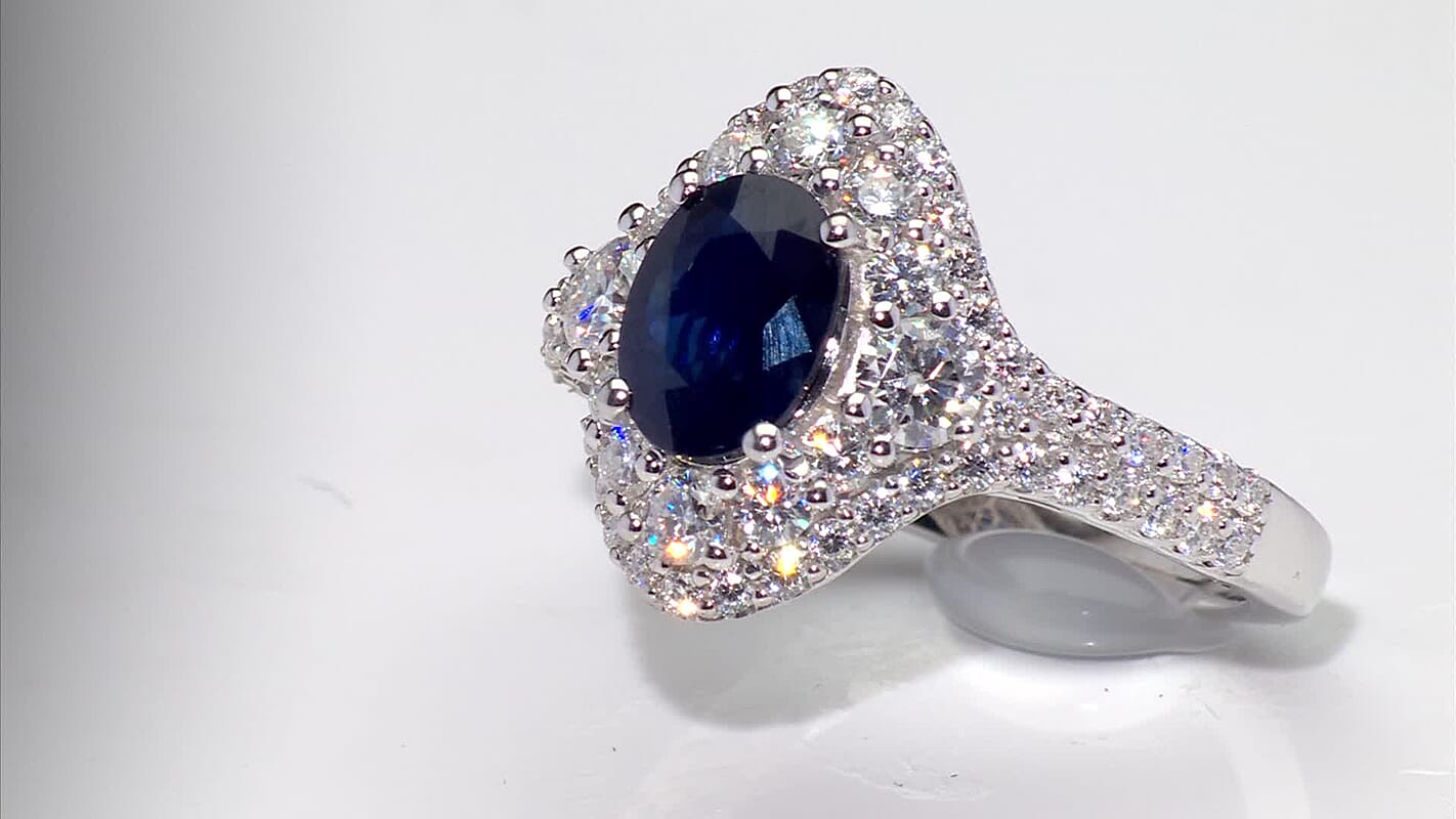 D'Joy Premium Kanchanaburi Blue Sapphire, Moissanite Ring in Rhodium Over Sterling Silver (Size 10.0) 2.70 ctw