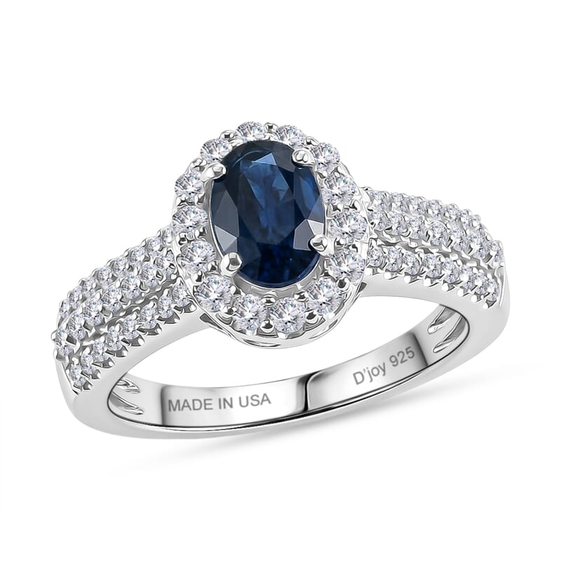D'Joy Premium Kanchanaburi Blue Sapphire and Moissanite 1.60 ctw Ring in Rhodium Over Sterling Silver (Size  6.0)