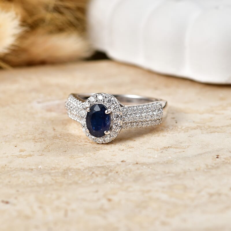 D'Joy Premium Kanchanaburi Blue Sapphire and Moissanite 1.60 ctw Ring in Rhodium Over Sterling Silver (Size  6.0)