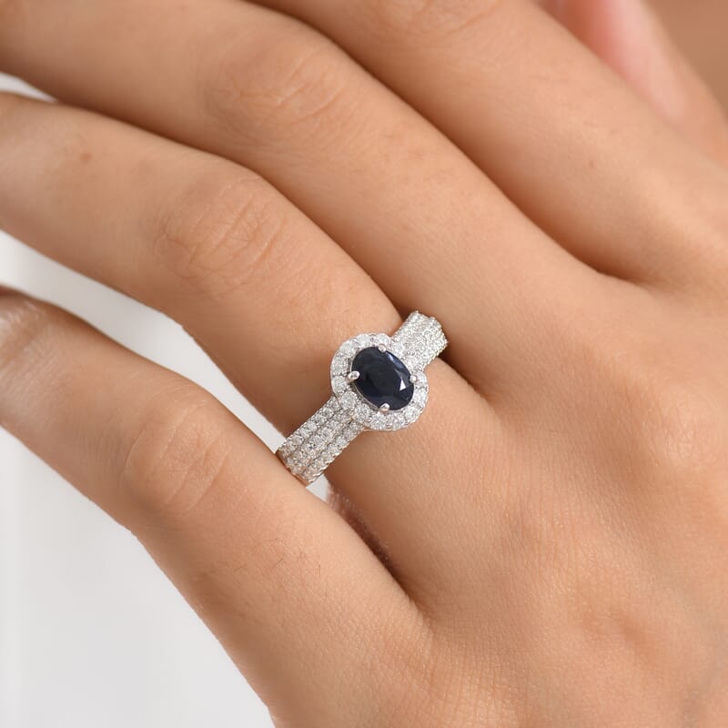 D'Joy Premium Kanchanaburi Blue Sapphire and Moissanite 1.60 ctw Ring in Rhodium Over Sterling Silver (Size  6.0)