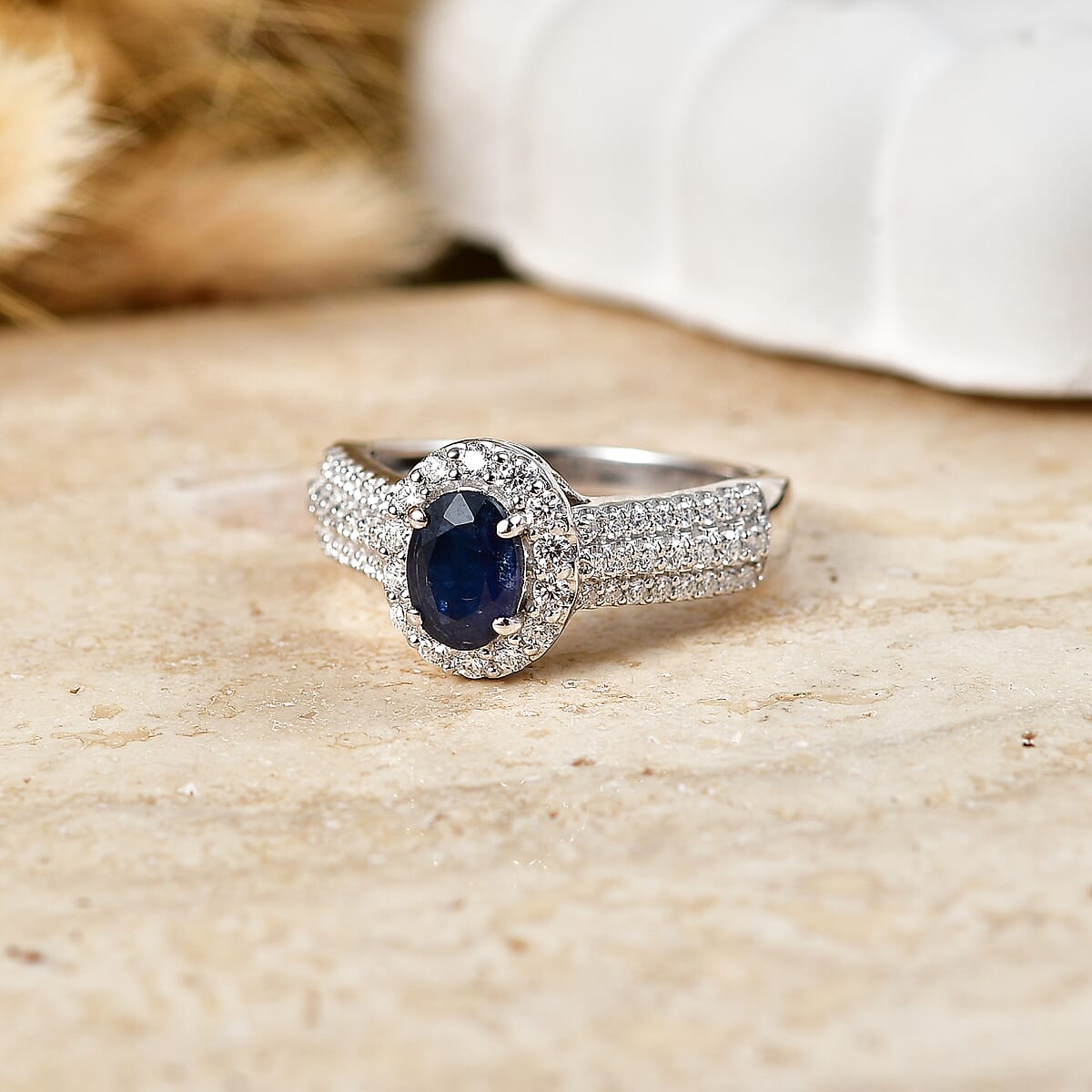 D'Joy Premium Kanchanaburi Blue Sapphire and Moissanite 1.60 ctw Ring in Rhodium Over Sterling Silver (Size  7.0) image number 1
