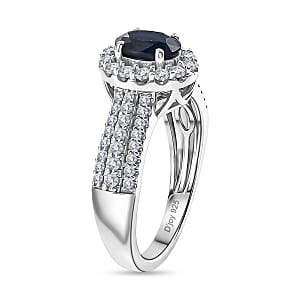 D'Joy Premium Kanchanaburi Blue Sapphire and Moissanite 1.60 ctw Ring in Rhodium Over Sterling Silver (Size  7.0)