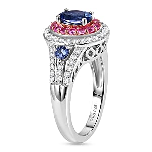 D'Joy Tanzanite and Multi Gemstone 2.00 ctw Crown Bloom Ring in Rhodium Over Sterling Silver (Size  10.0)