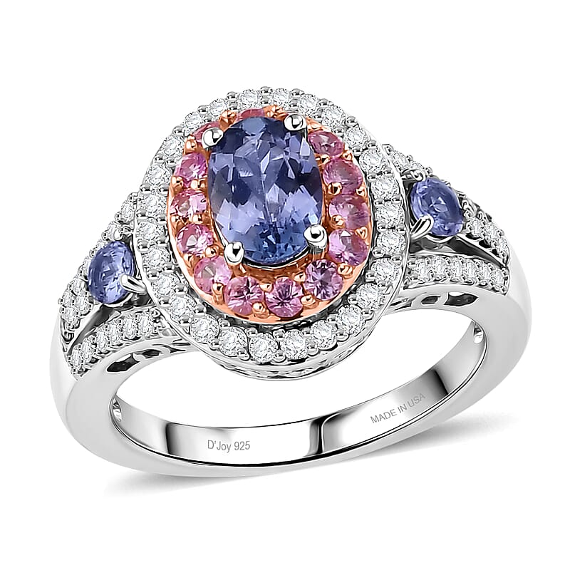 D'Joy Tanzanite and Multi Gemstone 2.00 ctw Crown Bloom Ring in Rhodium Over Sterling Silver (Size  6.0)