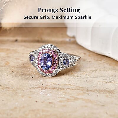 D'Joy Tanzanite and Multi Gemstone 2.00 ctw Crown Bloom Ring in Rhodium Over Sterling Silver (Size  6.0)
