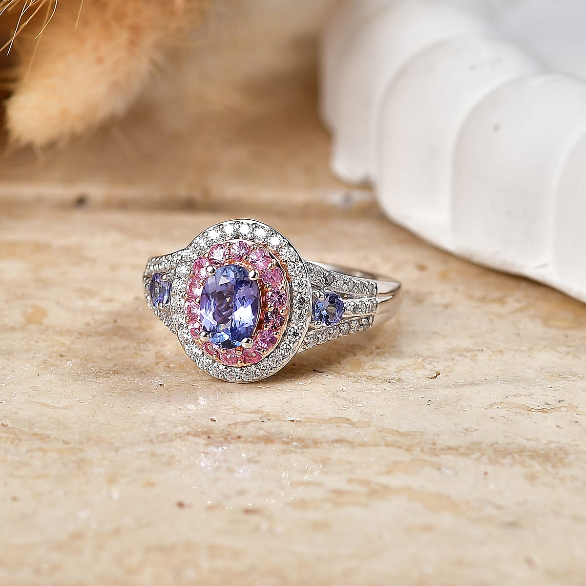 D'Joy Tanzanite and Multi Gemstone 2.00 ctw Crown Bloom Ring in Rhodium Over Sterling Silver (Size  7.0) image number 1