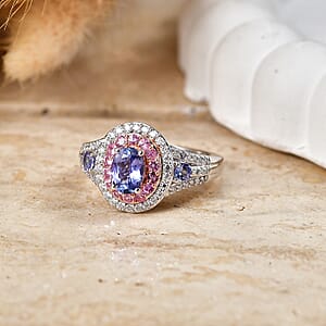 D'Joy Tanzanite and Multi Gemstone 2.00 ctw Crown Bloom Ring in Rhodium Over Sterling Silver (Size  7.0)
