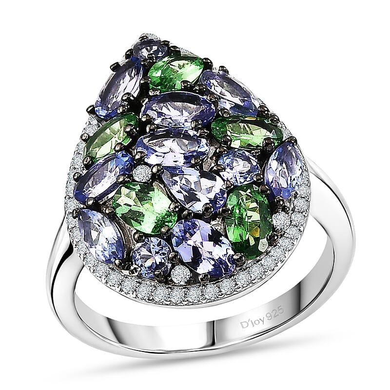 D'Joy Tanzanite and Multi Gemstone 4.00 ctw Majestic Mosaic Ring in Rhodium Over Sterling Silver (Size  6.0)