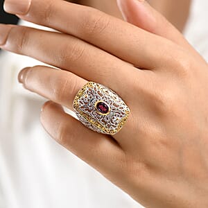 D'Joy Passport to Israel AAA Radiant Ember Garnet 1.00 ctw Fillegree Work Ring in 18K Vermeil Yellow Gold and Rhodium Over Sterling Silver (Size 10.0)