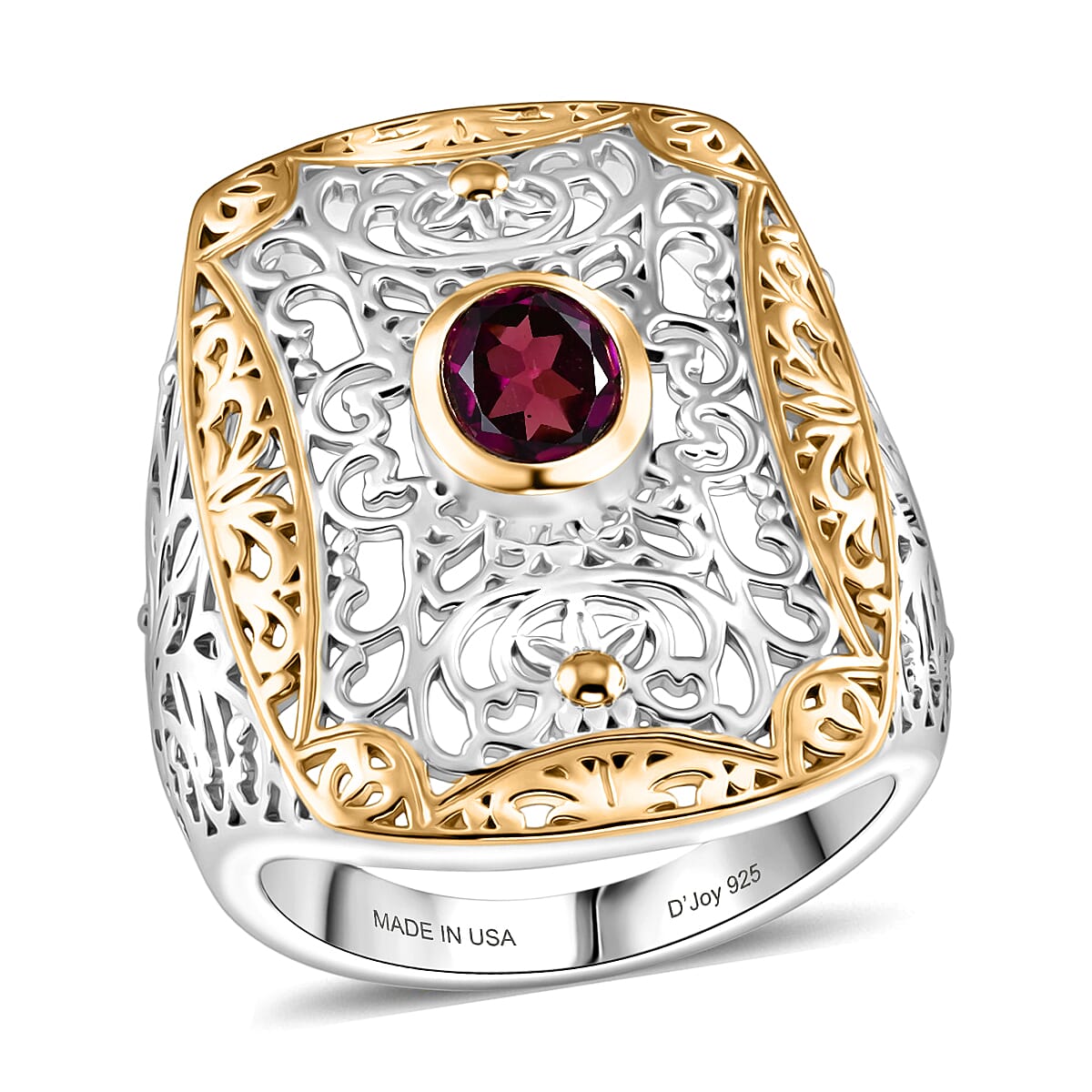 D'Joy Passport to Israel AAA Radiant Ember Garnet 1.00 ctw Fillegree Work Ring in 18K Vermeil Yellow Gold and Rhodium Over Sterling Silver (Size 5.0)