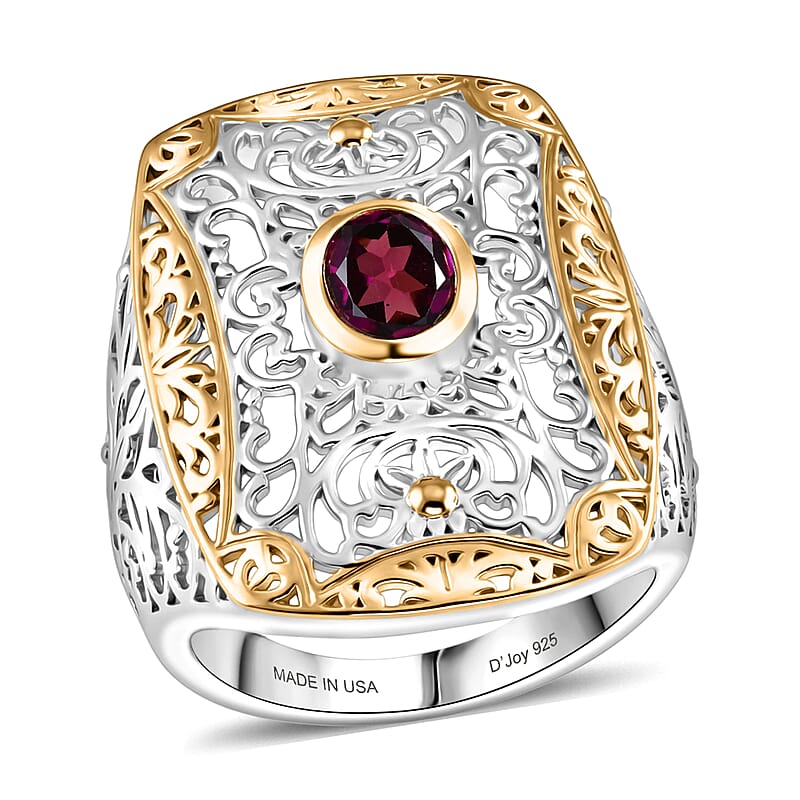 D'Joy Passport to Israel AAA Radiant Ember Garnet 1.00 ctw Fillegree Work Ring in 18K Vermeil Yellow Gold and Rhodium Over Sterling Silver (Size 5.0)